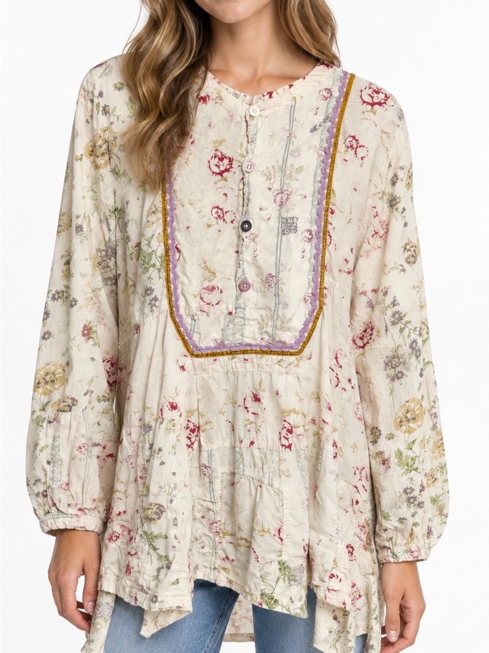 Magnolia Pearl Ric Rac Prairie Shirt Floral Cotton Patchwork Blouse Boho Chic